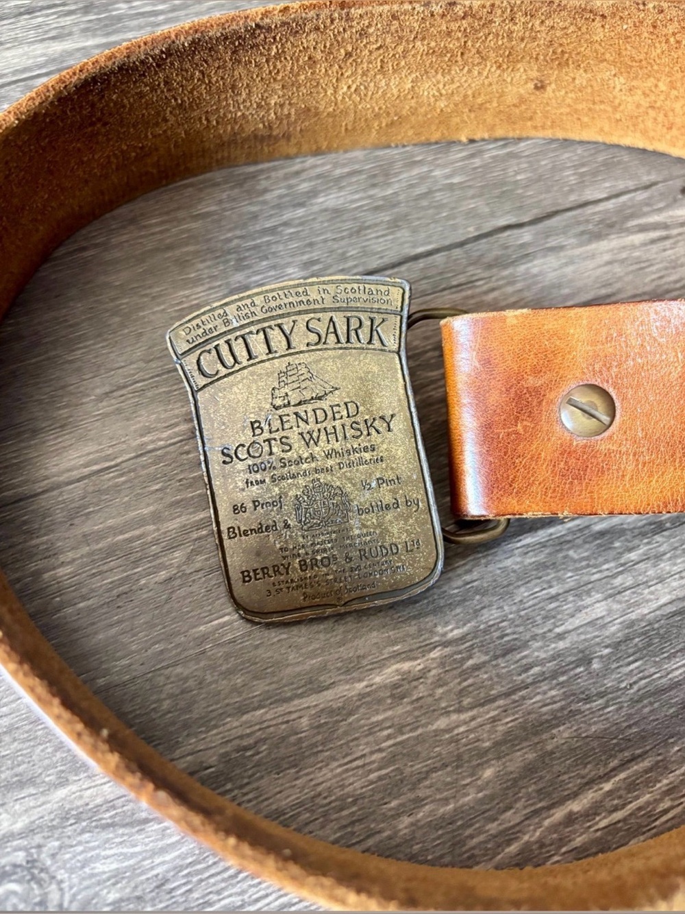Vintage Cutty Sark Buckle Leather Belt // L-2X